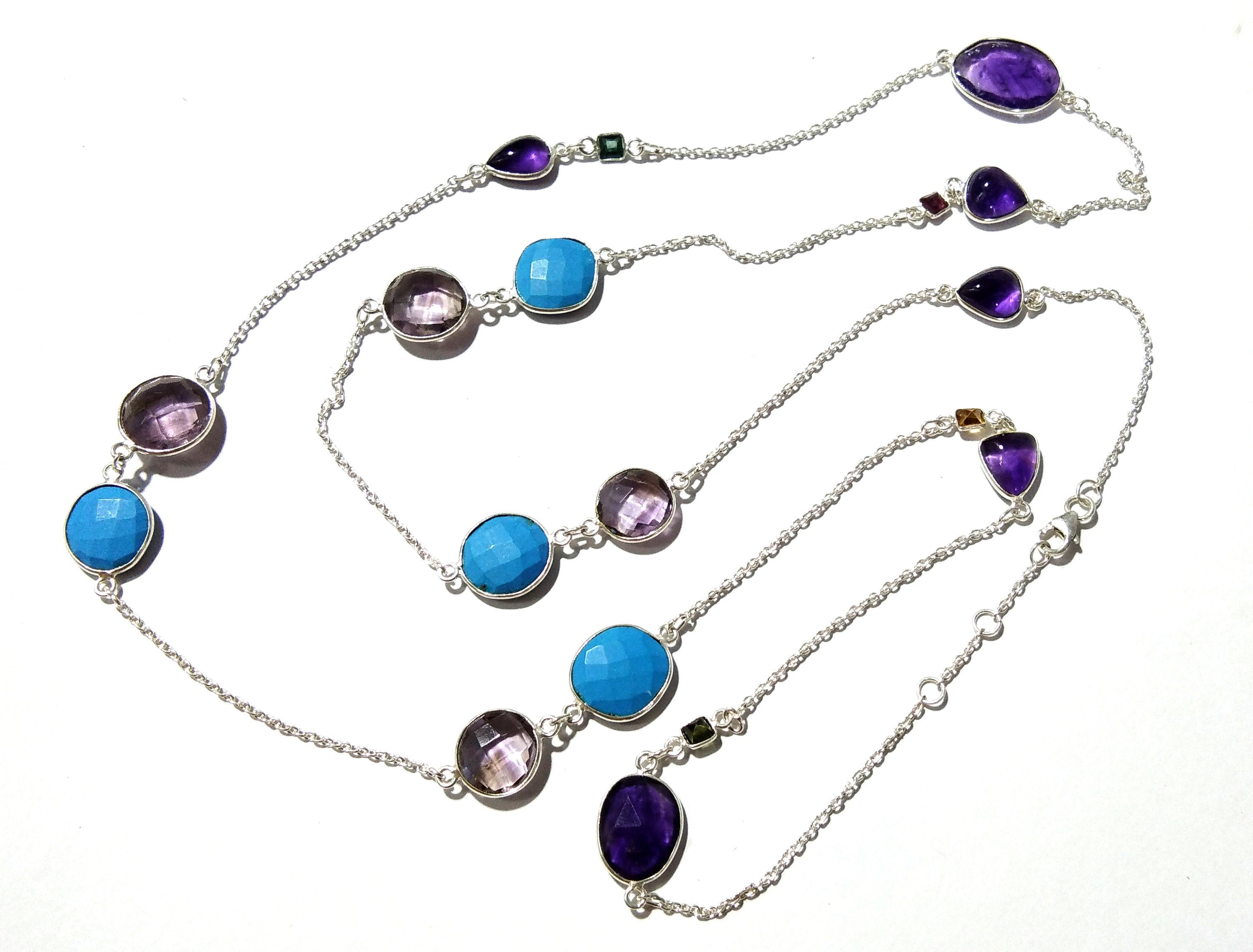 36'' Log Necklace In 925 Silver, Multi Gemstone Log Chain Necklace, Handmade Making Bezel Necklace For Girls & Women.